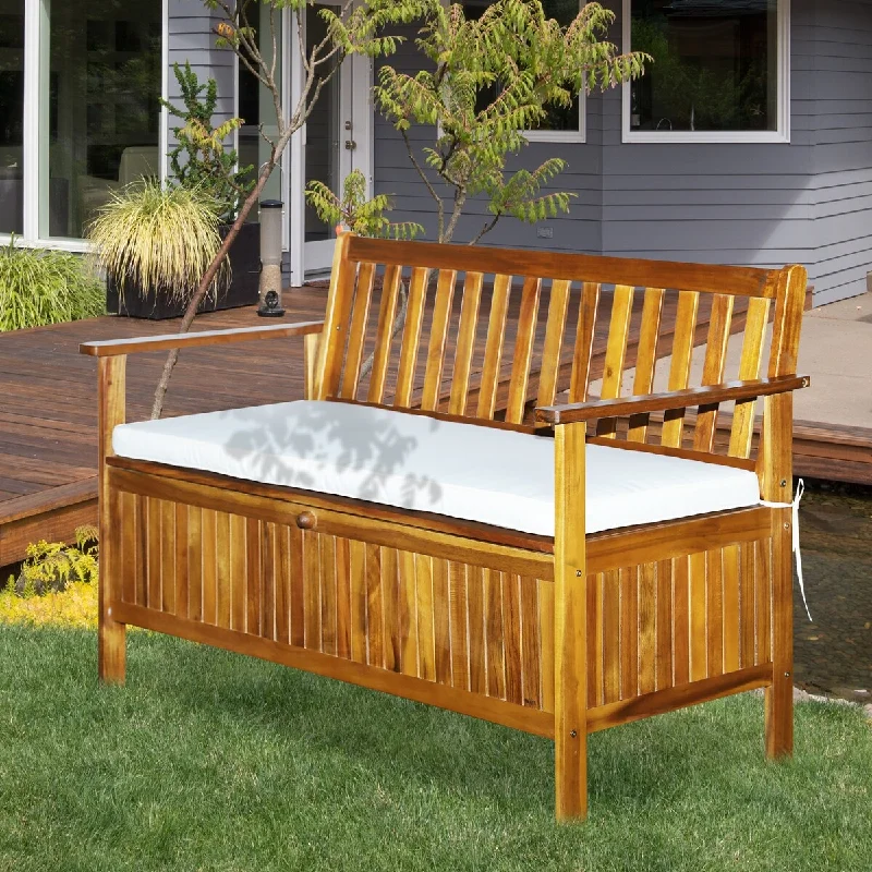 Outsunny 2-Seat Outdoor Garden Storage Bench with Acacia Wood Design, Comfort Padded Cushions & Zippered Cushion Covers