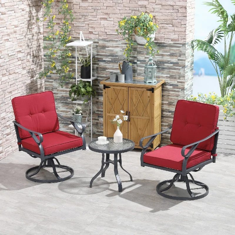 Outsunny 3 Pieces Outdoor Swivel Bistro Set, 2 Rocker Chairs and 1 Round Tempered Glass Table with Cushion