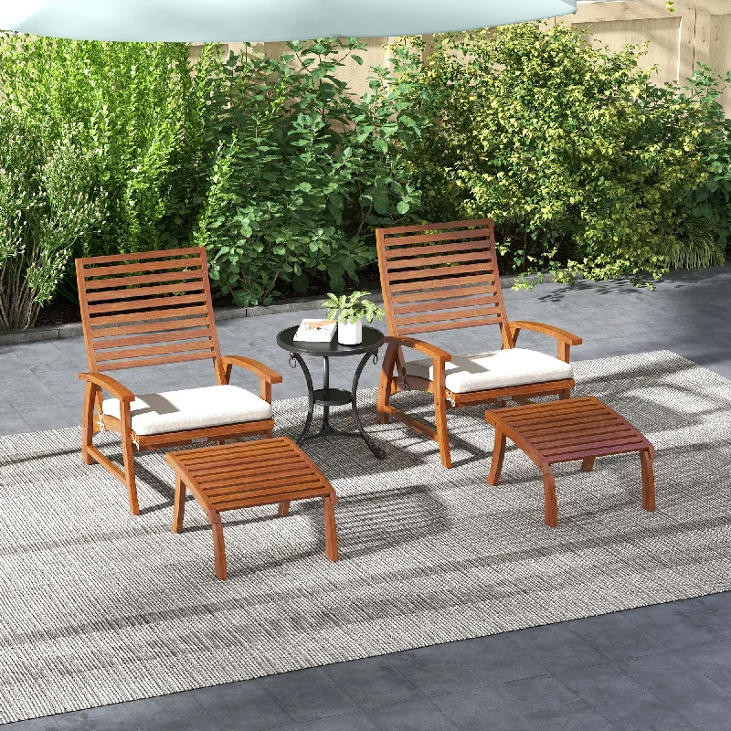 Outsunny 4 Pieces Patio Chairs with Cushion, Outdoor Dining Chairs Set of 4, Acacia Wood Seat with Footstools, Slatted Seat