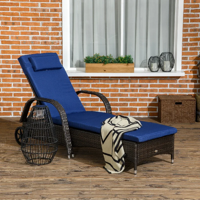 Outsunny Wicker Outdoor Chaise Lounge, 5-Level Adjustable Backrest PE Rattan Pool Lounge Chair with Wheels, Cushion & Headrest