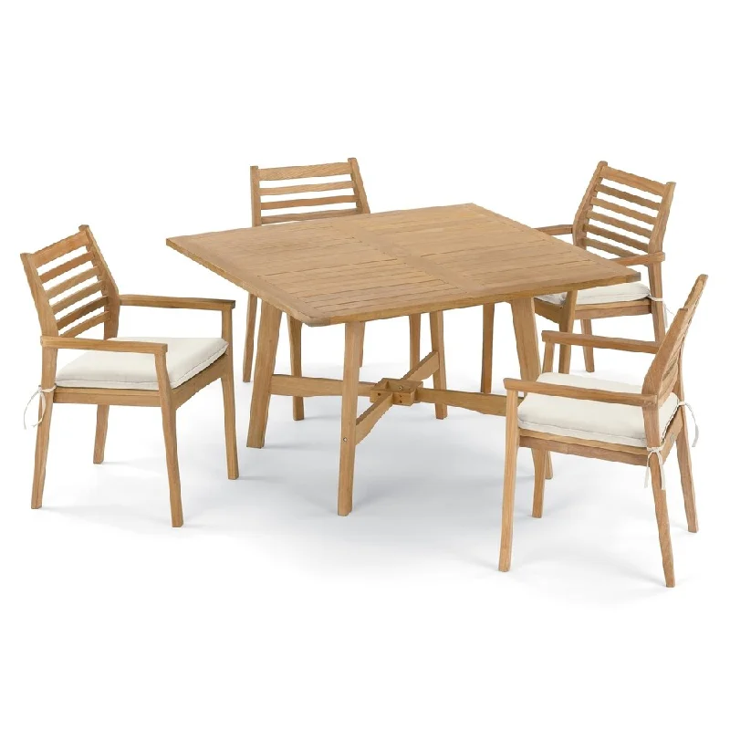 Oxford Garden Wexford 5-piece 48-inch Dining Table & Mera Shorea Natural Stacking Armchair Set - Canvas Cushions