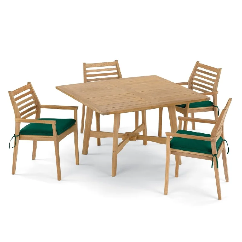 Oxford Garden Wexford 5-piece 48-inch Dining Table & Mera Shorea Natural Stacking Armchair Set - Hunter Green Cushions