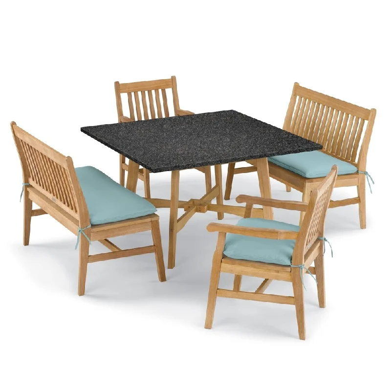 Oxford Garden Wexford 5-piece Lite-Core Charcoal Table, Shorea Natural Chair and Bench Dining Set - Canvas Mineral Blue Cushions