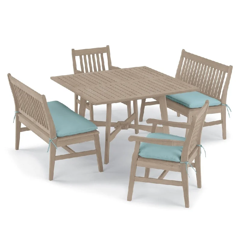 Oxford Garden Wexford 5-piece Shorea Grigio Table, Chair, and Bench Dining Set - Canvas Mineral Blue Cushions