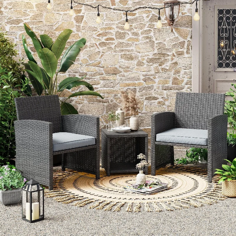 Patio 3 Pieces Wicker Bistro Set Cushioned Chair and Side Table