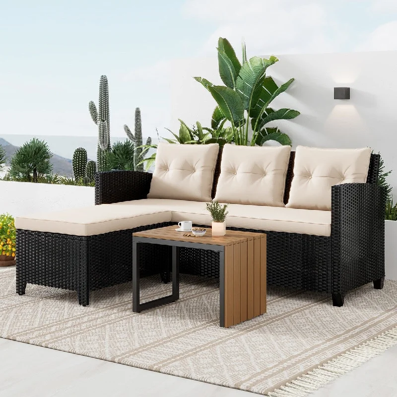 Patio Furniture Set - 3 Piece Cushioned Sofa Set Wicker Outdoor Sectional Coversation Set