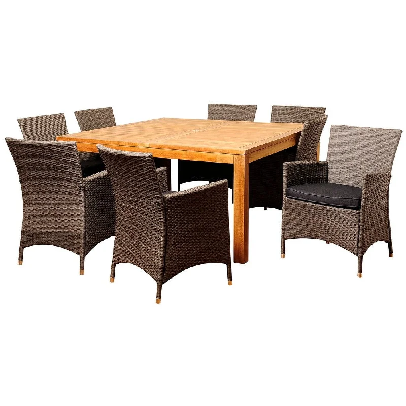 Ralph 9-Piece Outdoor Dining Set Teak Wicker Square Patio Furniture with Grey Cushions