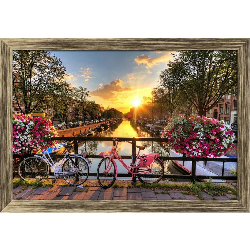 ArtzFolio Flowers Bicycles On The Bridge In Spring Canvas Painting Synthetic Frame