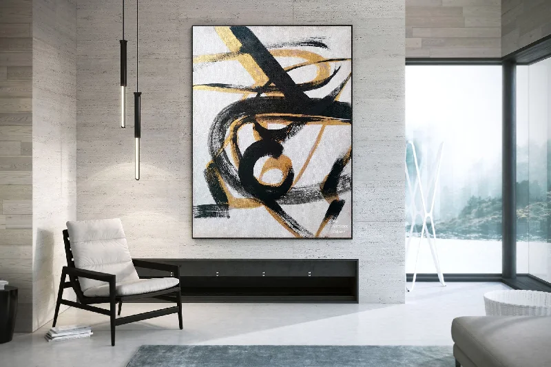 Black And White Abstract Painting Gold Minimal Painting For Living Room Sp049