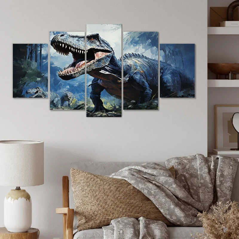 Designart "Ancient Dinosaur Blue And Grey I" Blue Dinosaur Set Of 5 - Modern Oversized Wall Art Decor For Hallway