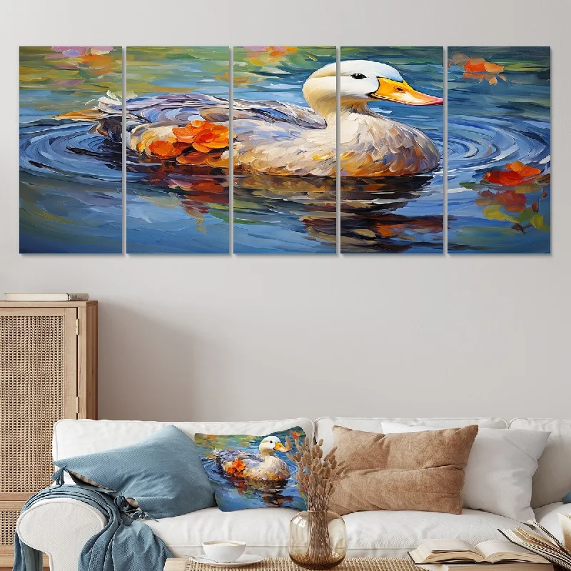 Designart "Duck At The Pond I" White Duck Set Of 5 - Modern Farmhouse Oversized Wall Art Decor For Hallway