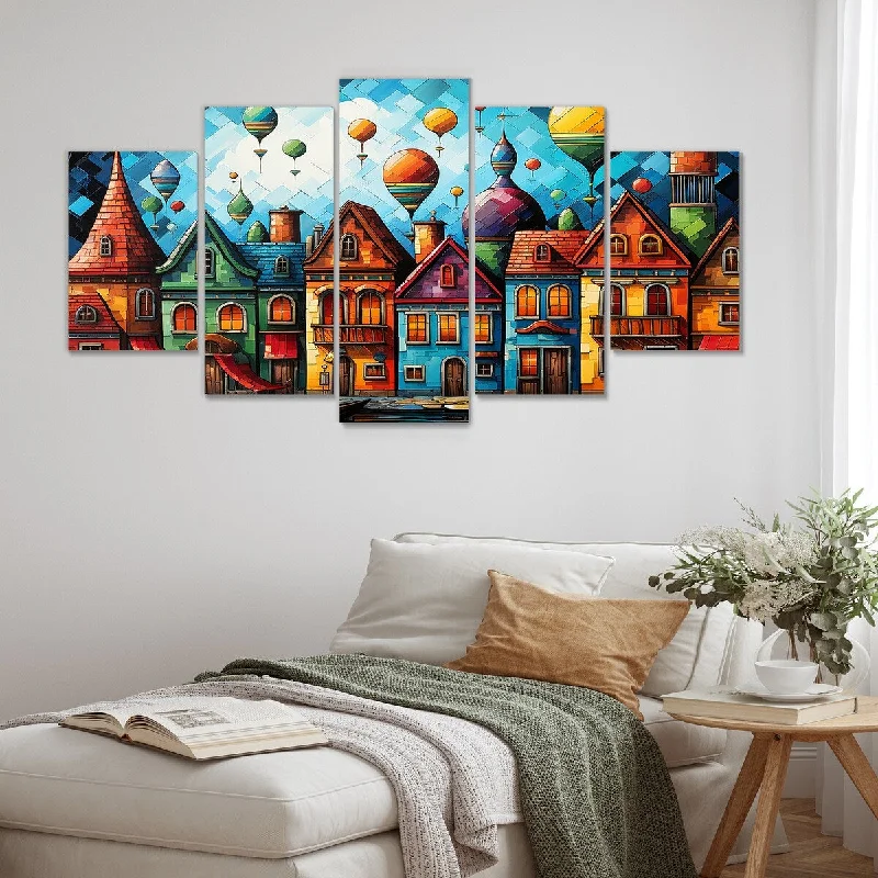 Designart "Fantasy Air Ballon Village I" Blue Hot Air Balloon Set Of 5 - Modern Oversized Wall Decor Art For Living Room