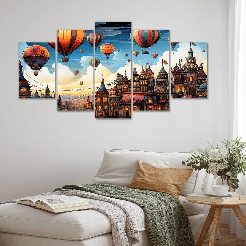 Designart "Fantasy Air Ballon Village II" Hot Air Balloon Set Of 5 - Modern Oversized Canvas Art Print For Home Decor