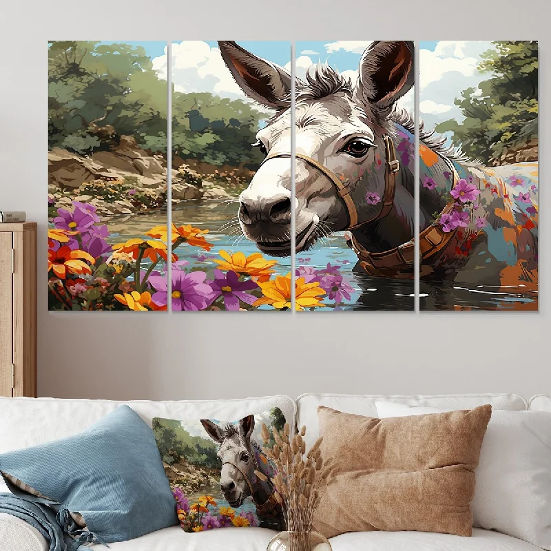 Designart "Farmhouse Donkeys Flower Charm III" Donkey Extra Large Canvas Set Of 4 - Oversized Modern Farmhouse Wall Art