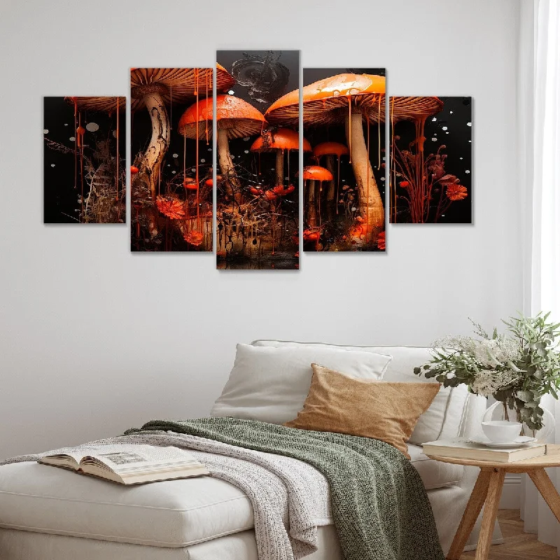 Designart "Muschroom Dreamscape Forest IV" Orange Fantasy Set Of 5 - Glam Oversized Canvas Wall Art For Entryway