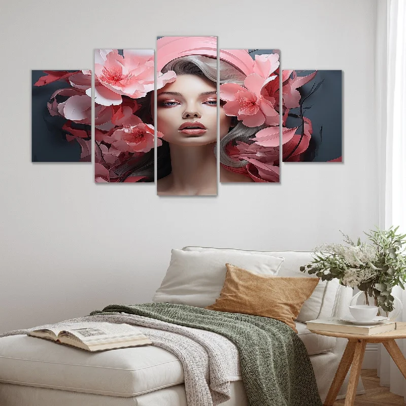 Designart "Pink And Blue Fashion Woman Floral Portrait I" Fashion Woman Set Of 5 Glam Oversized Wall Decor For Hallway