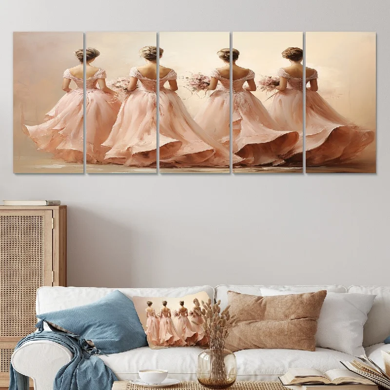 Designart "Pink Balletic Elegance II" Pink Dance Set Of 5 - Modern Oversized Canvas Wall Art For Entryway