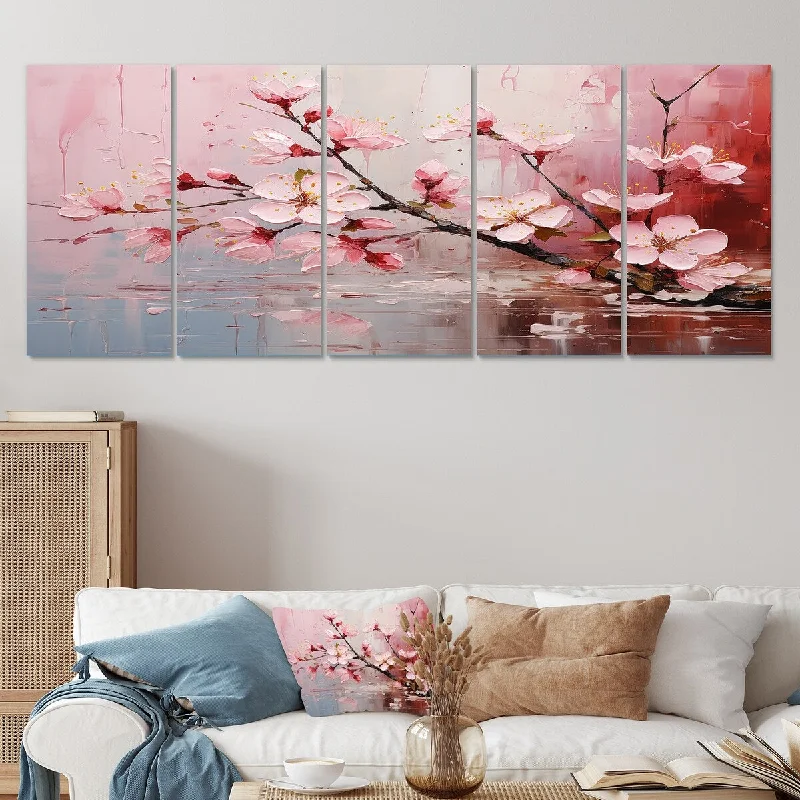 Designart "White And Pink Cherry Tree Bloom IV" Pink Cherry Set Of 5 Traditional Oversized Canvas Art For Bedroom Decor