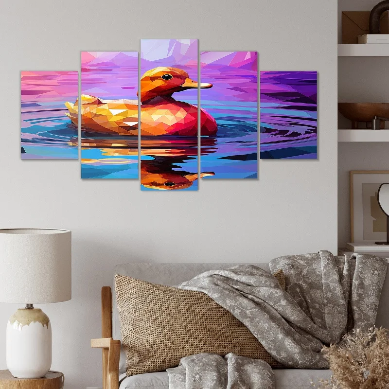 Designart "Yellow Duck On Purple Lake" Yellow Duck Set Of 5 - Modern Farmhouse Oversized Canvas Art For Bedroom Decor