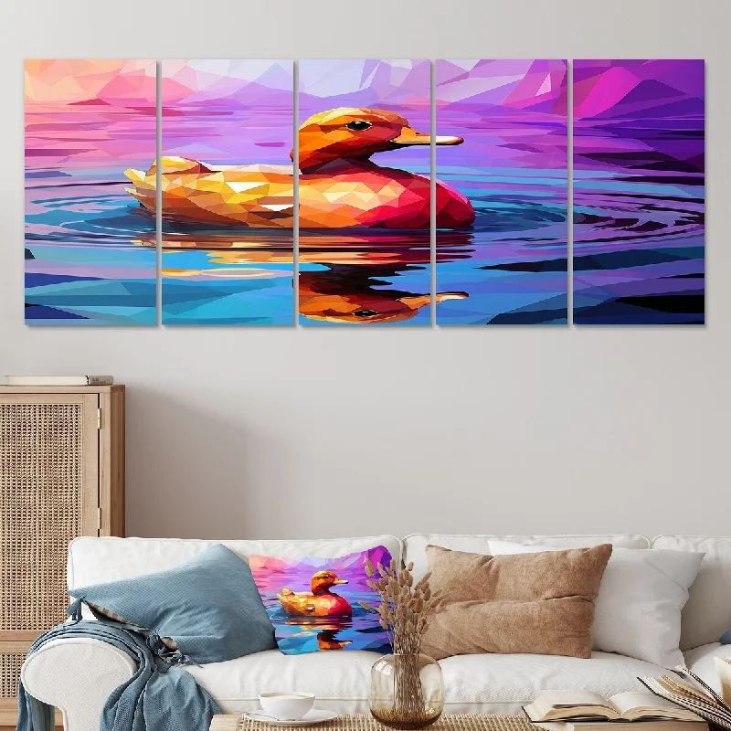 Designart "Yellow Duck On Purple Lake" Yellow Duck Set Of 5 - Modern Farmhouse Oversized Canvas Art For Bedroom Decor