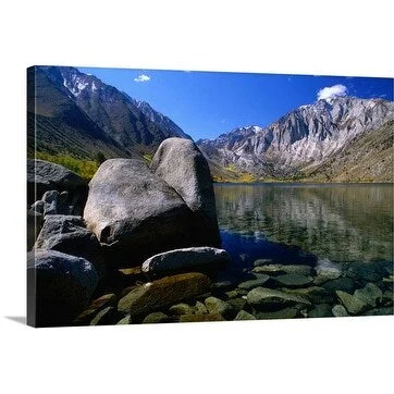 Nicholas Pavloff Premium Thick-Wrap Canvas entitled Calm clear lake with rocks and mountains, Sierra Nevada, California