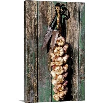 Premium Thick-Wrap Canvas entitled Rusted antique shears hanging from rustic wooden door with a string of garlic