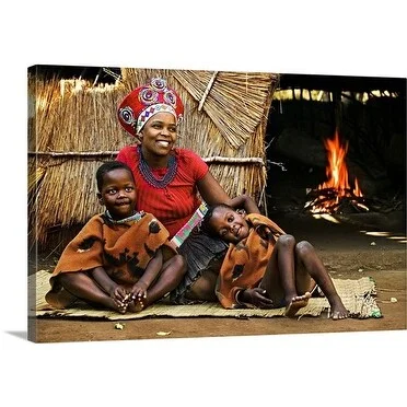 Premium Thick-Wrap Canvas entitled Zulu woman in traditional red headdress of a married woman with her children.