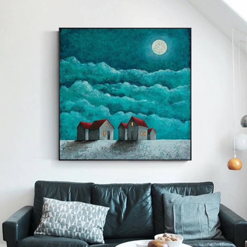 White Moon Red House Green Scenery Painting on Canvas Wp009